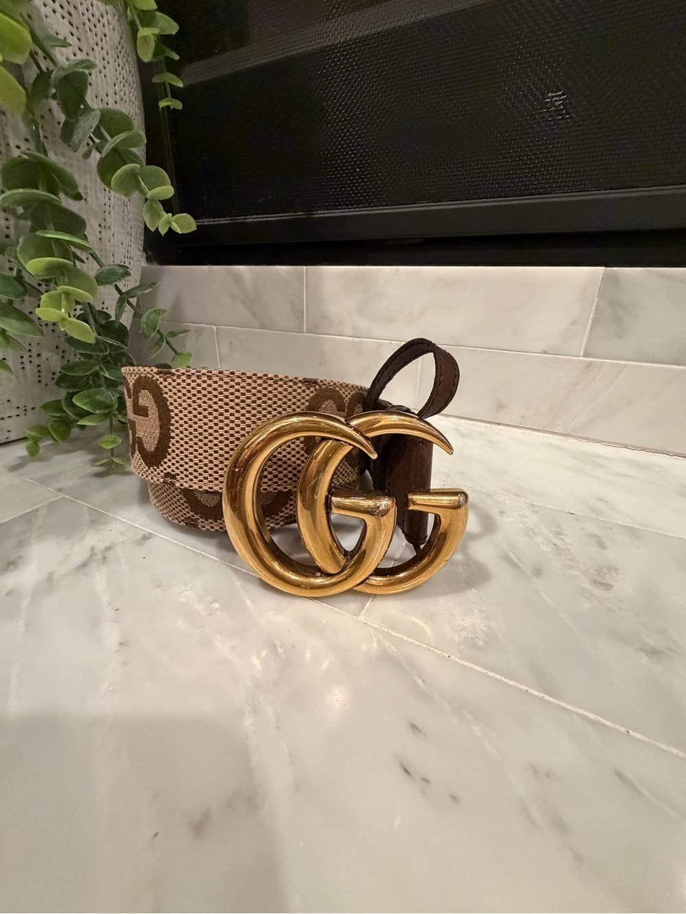 Gucci GG Canvas Belt Gold Marmont Buckle Brown Beige Size 85/34 luxury chic